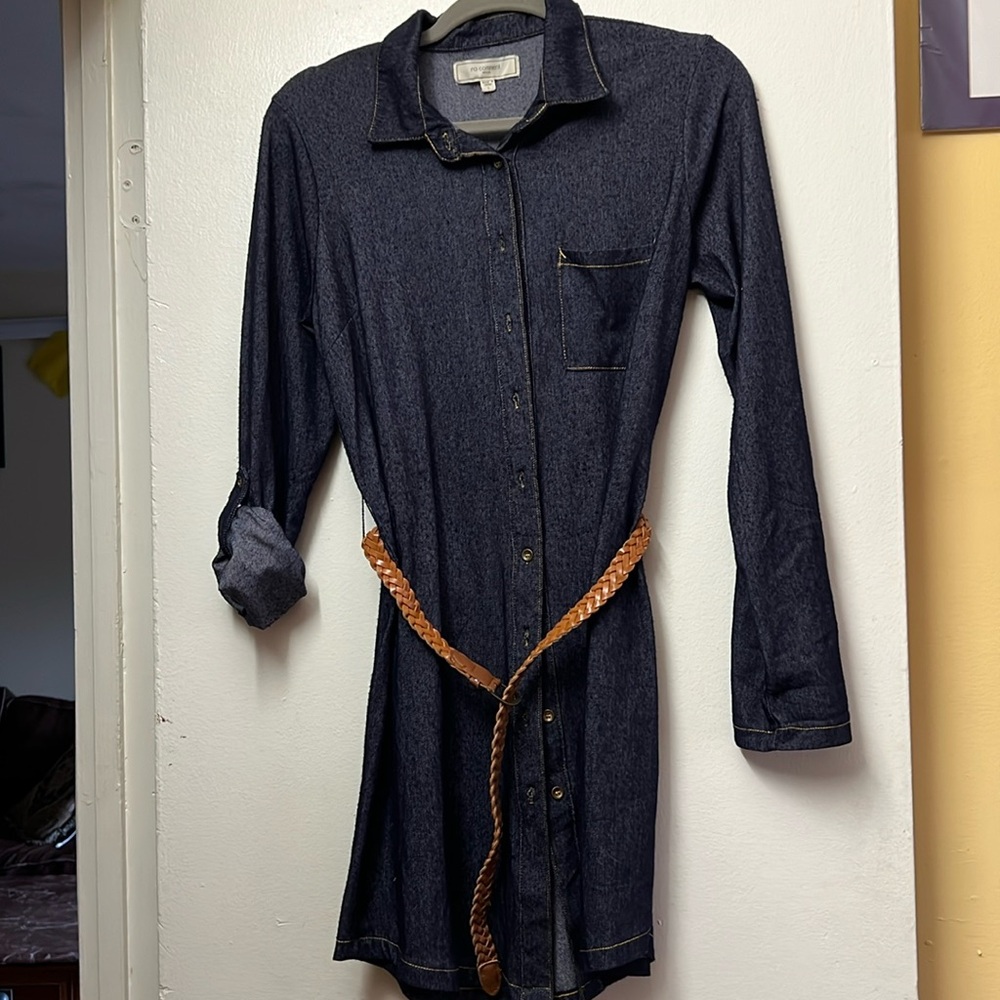 Navy blue women’s button up with detachable belt